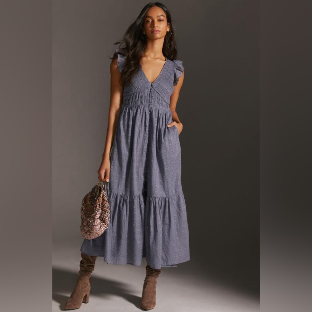 BY ANTHROPOLOGIE THE PEREGRINE MIDI DRESS slate xs